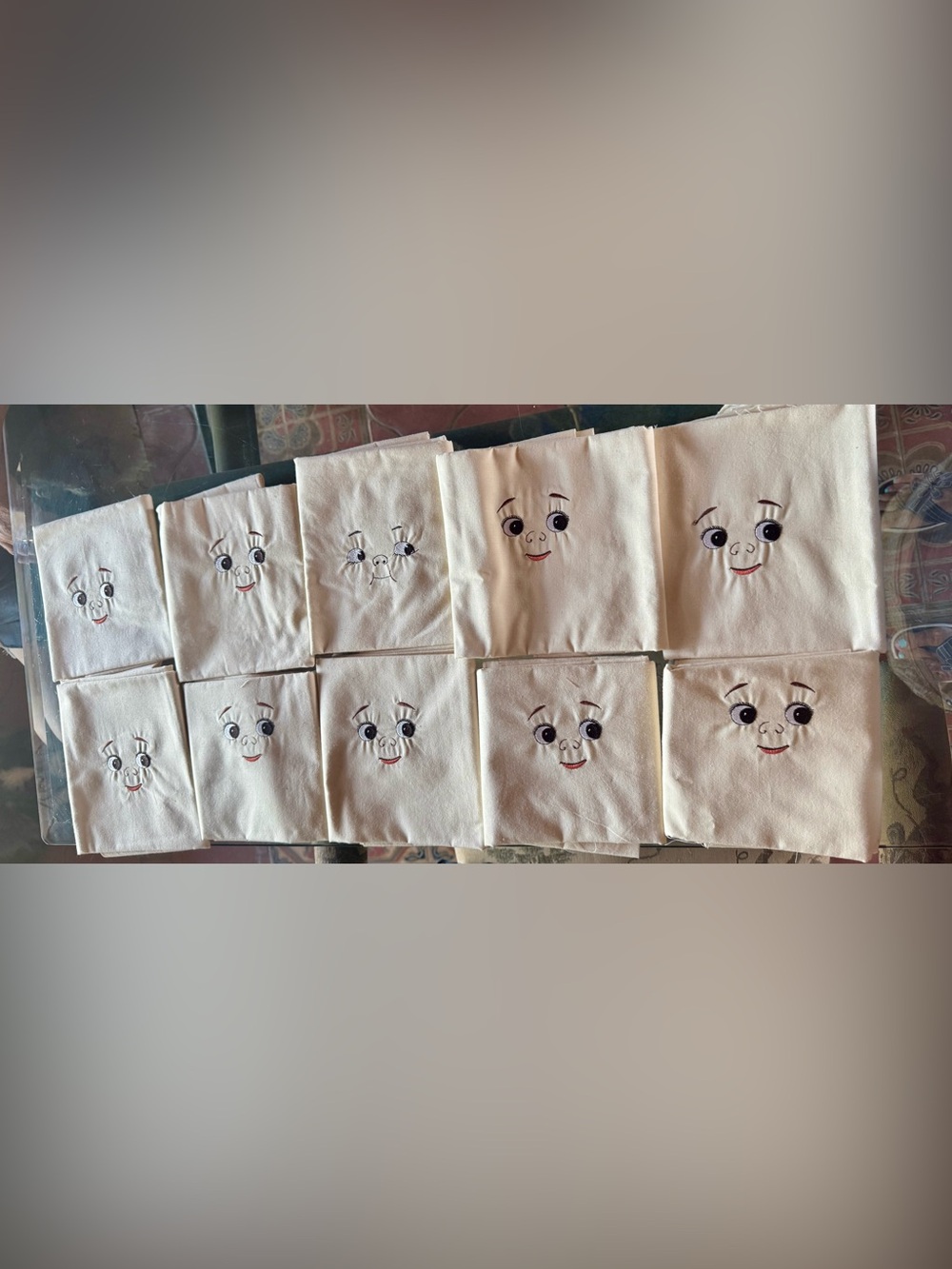 10 Vintage Uncut Great Embroidered Googly Faces On Large Cloth to Make Dolls!